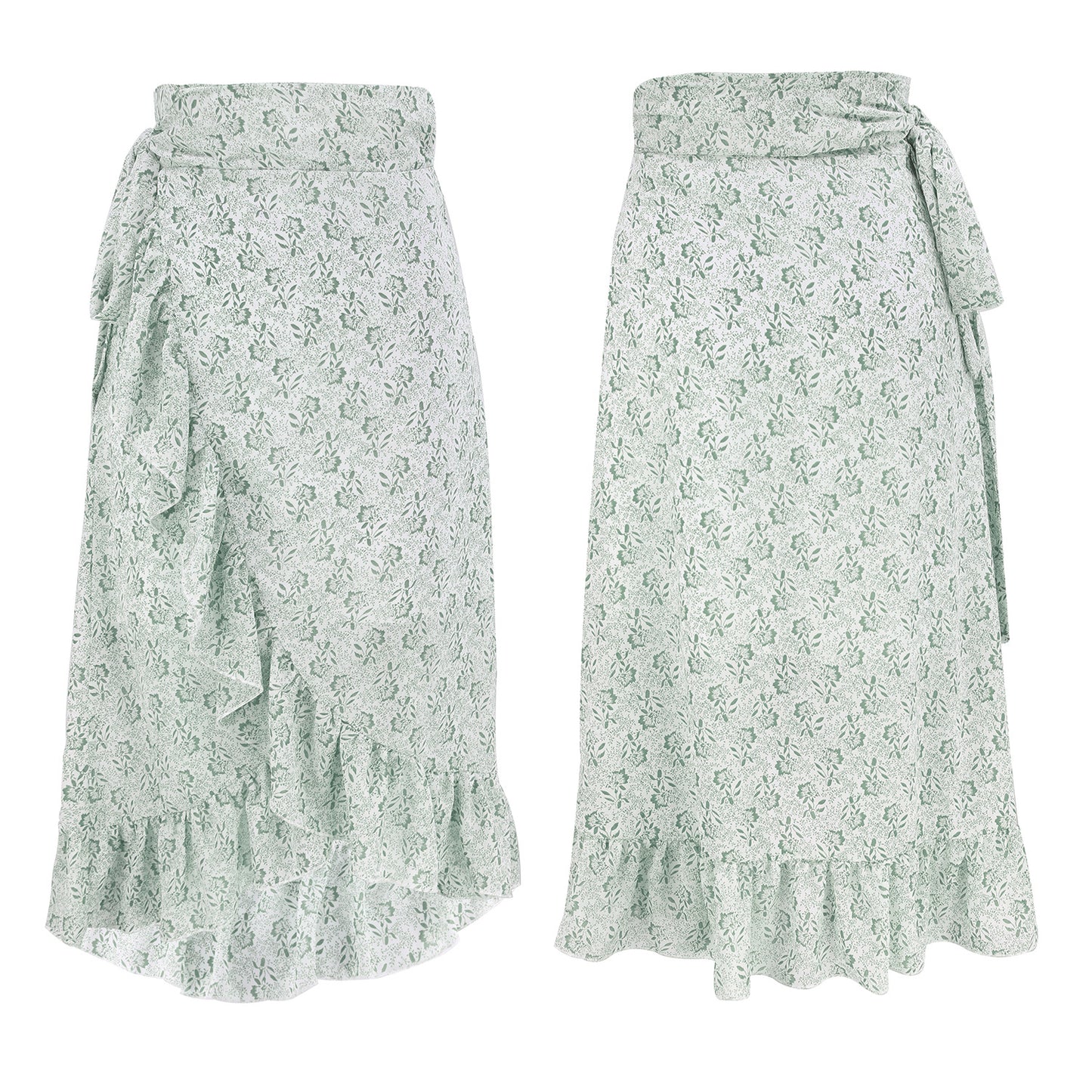 High Waist Over Knee Floral Ruffle Chiffon A-Line Split Skirt