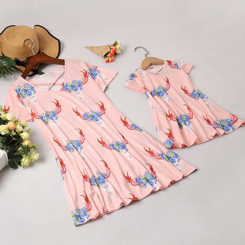 Spring And Summer Pastoral Parent-child Short Sleeve Dress Mother-daughter Matching Outfit