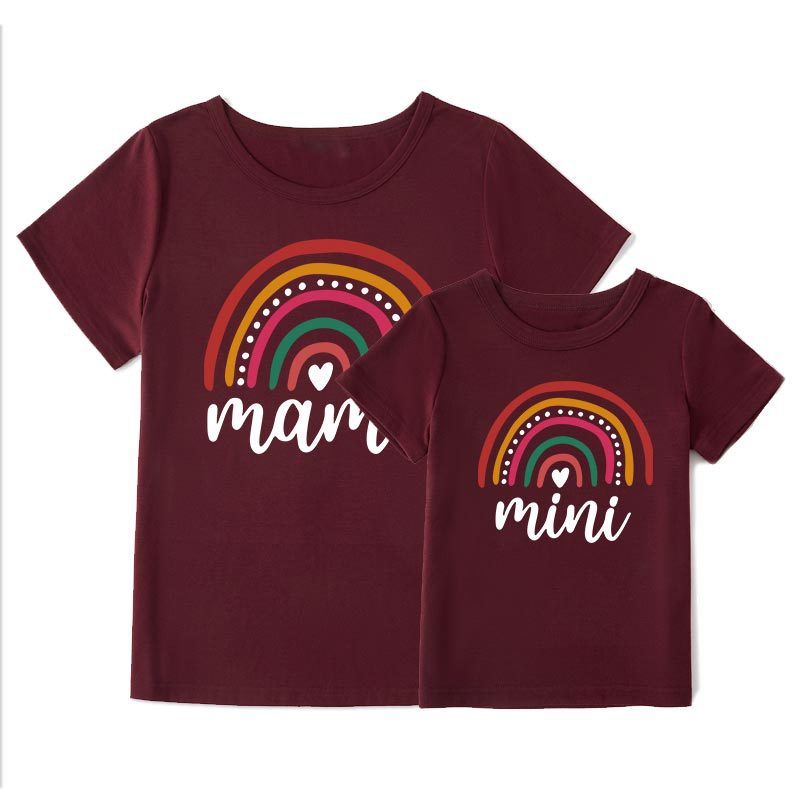 Rainbow Print T-shirt Mother And Daughter Mom Cotton Short Sleeve Top Summer INS Family Wear