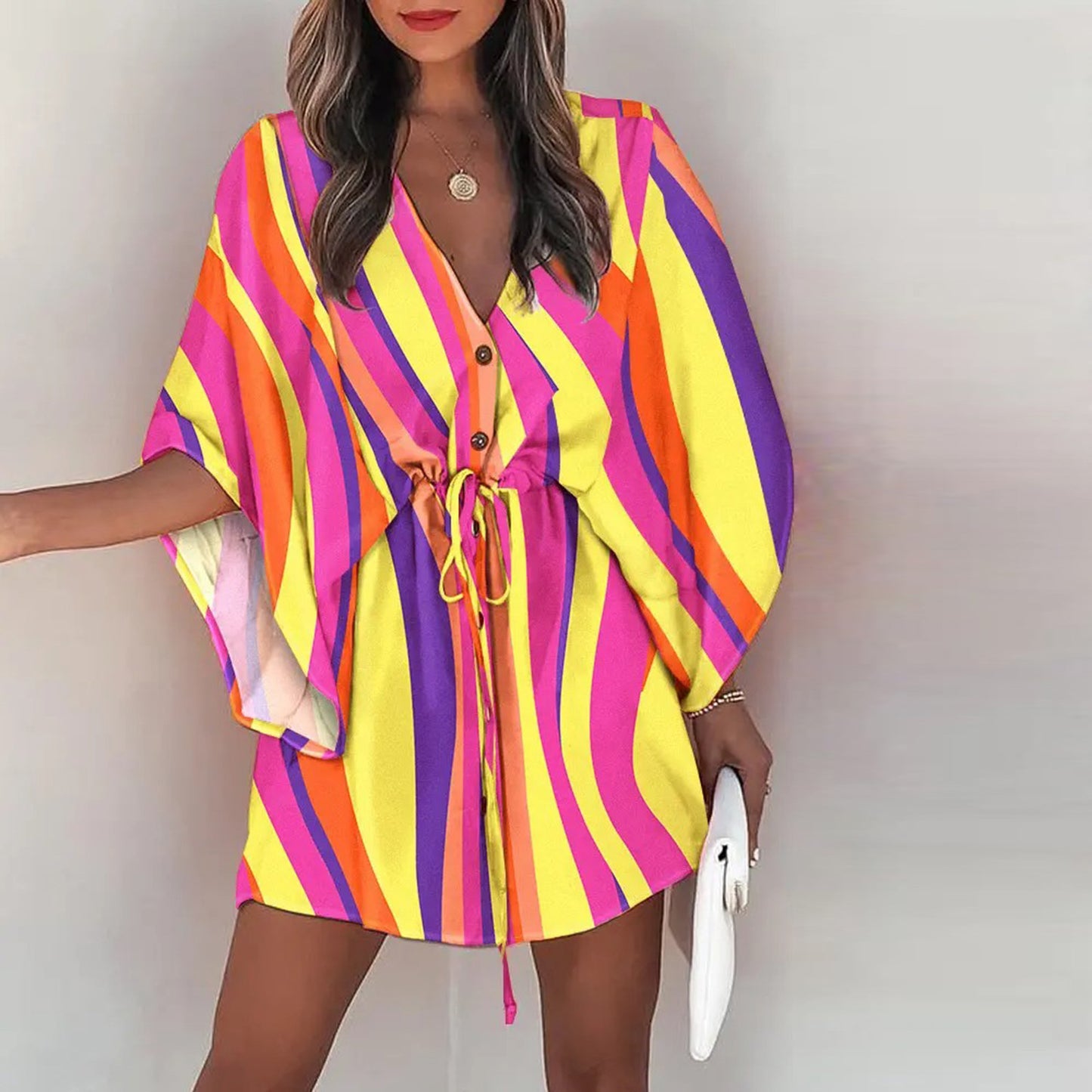 Flying Sleeves A- Line Dress V-neck Lace-up Casual Dress