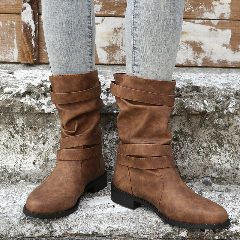 Low Heel Vintage Adjustable Buckle Boots Women WesternShoes