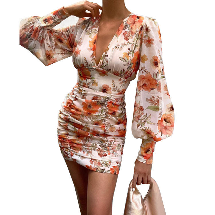 V -Neck Lantern Sleeves Chiffon Dress