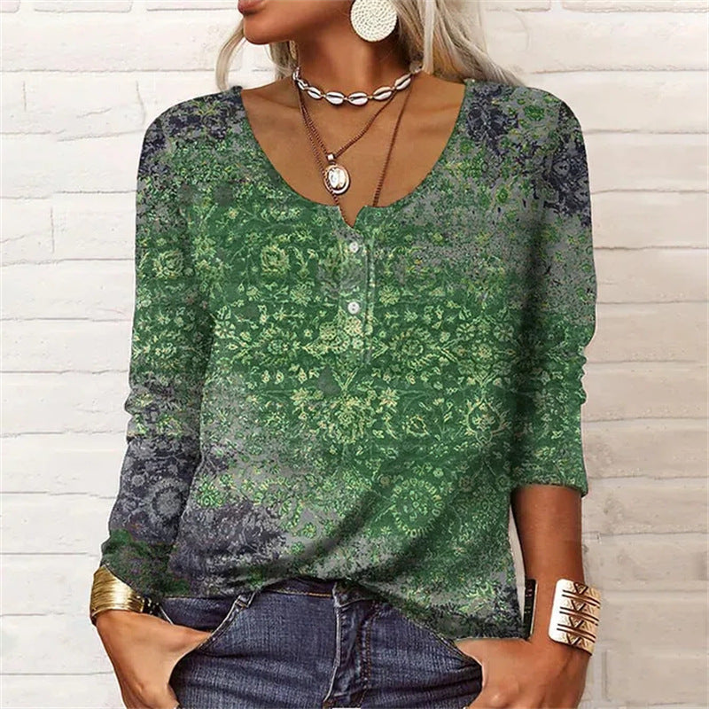 Casual Long-sleeved Geometric Floral U-neck Button T-shirt