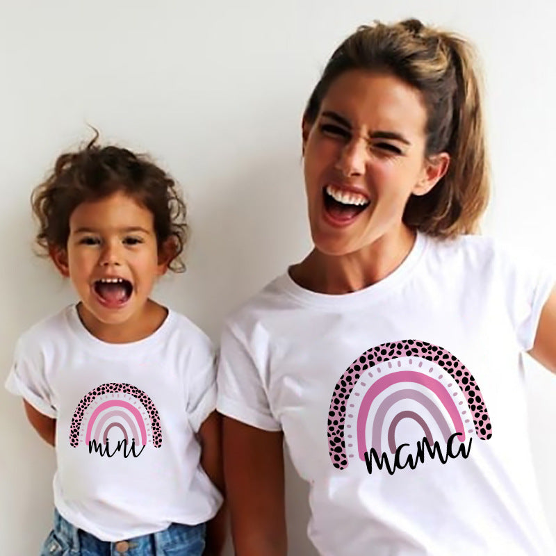 Cartoon Rainbow Mother And Daughter Short Sleeve T-shirt