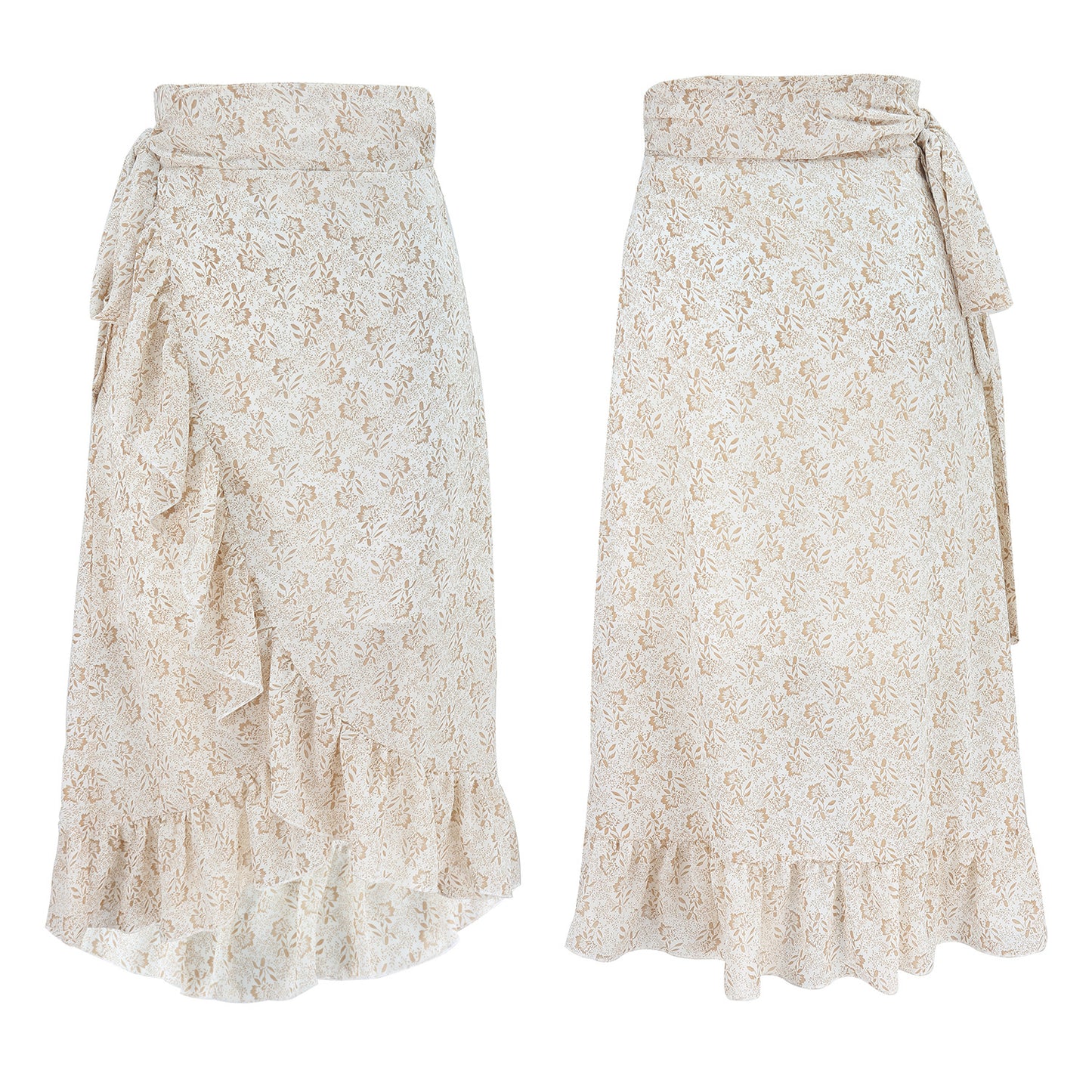 High Waist Over Knee Floral Ruffle Chiffon A-Line Split Skirt