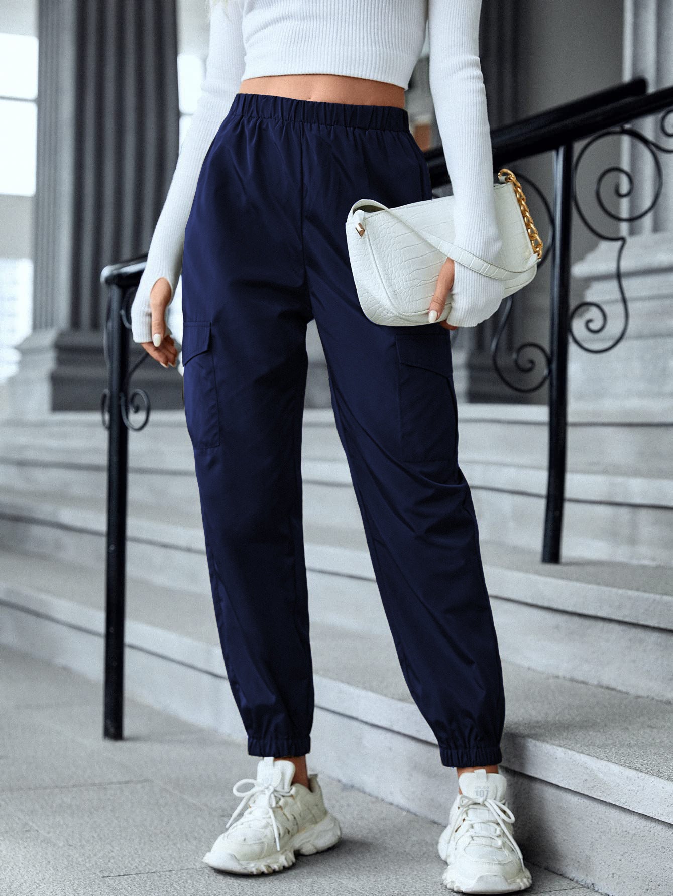 Slip Multi-pocket Elastic Waist Pencil Pants For Women