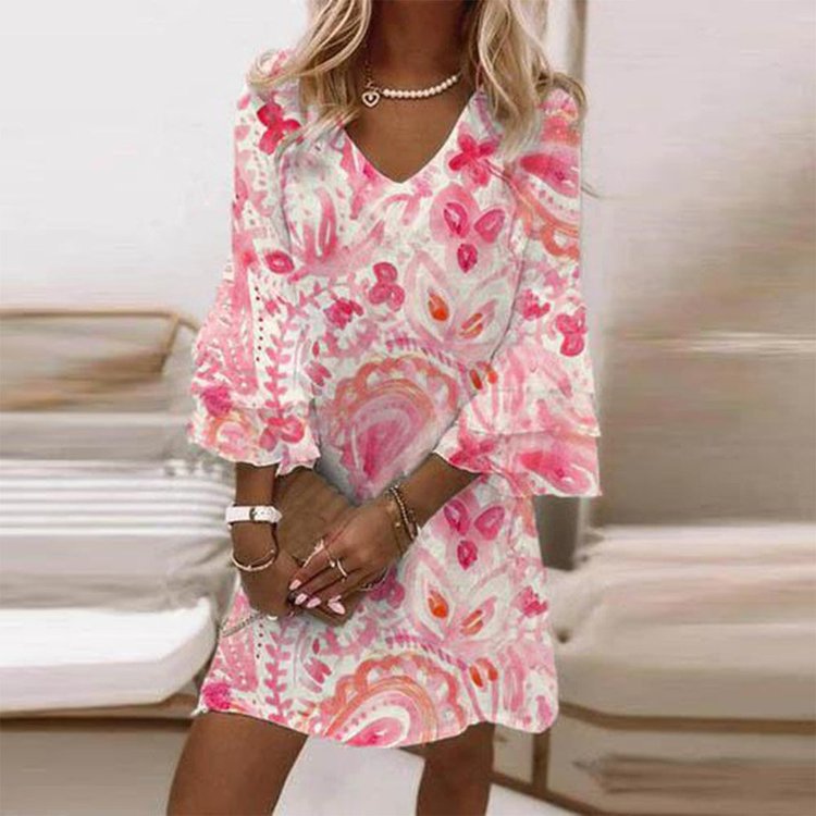 European And American New Printed Women's Clothing Skirts V-neck Flared Sleeves Mini Dress