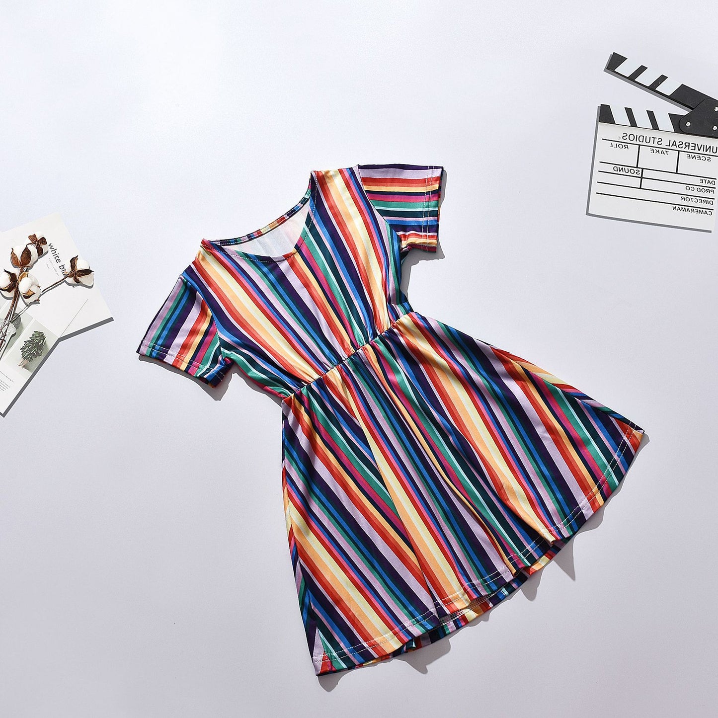 Rainbow Stripes Printed V-neck Parent-child Dress Mother-daughter Matching Outfit Children's Clothing