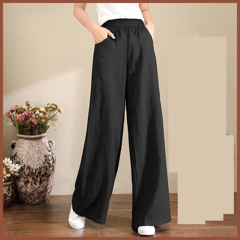 Pure Linen Korean Wide Leg Pants Women Loose Rope