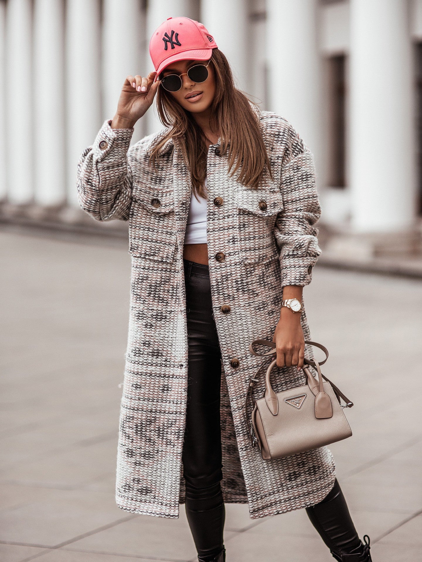 Long-sleeved  Button Printed Woolen Coat Women