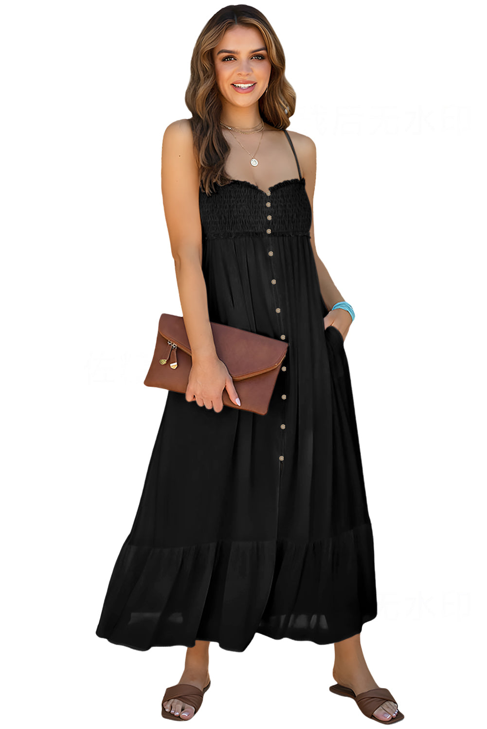 Black Spaghetti Straps Smocked Front Slit Buttoned Dress