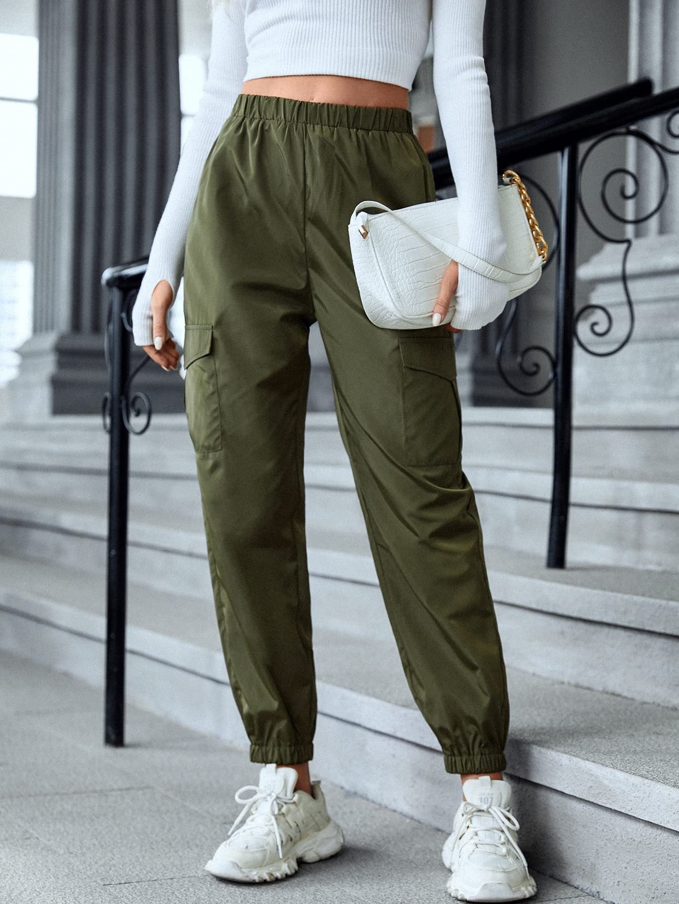 Slip Multi-pocket Elastic Waist Pencil Pants For Women