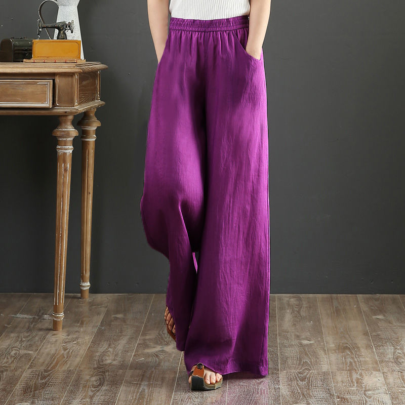Pure Linen Korean Wide Leg Pants Women Loose Rope