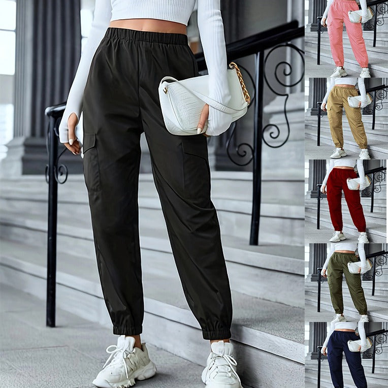 Slip Multi-pocket Elastic Waist Pencil Pants For Women