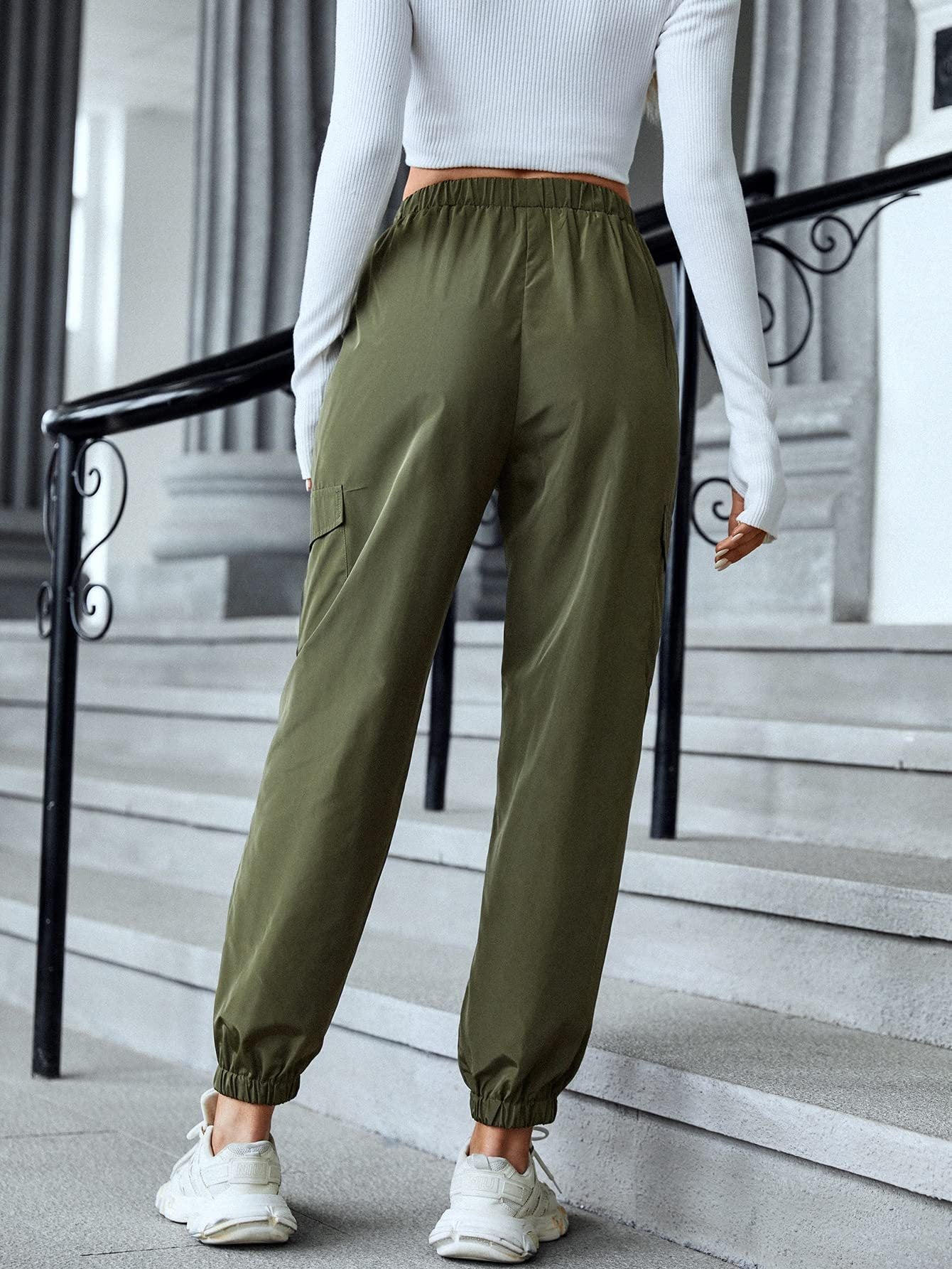 Slip Multi-pocket Elastic Waist Pencil Pants For Women