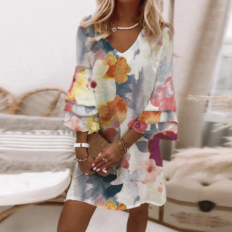 European And American New Printed Women's Clothing Skirts V-neck Flared Sleeves Mini Dress
