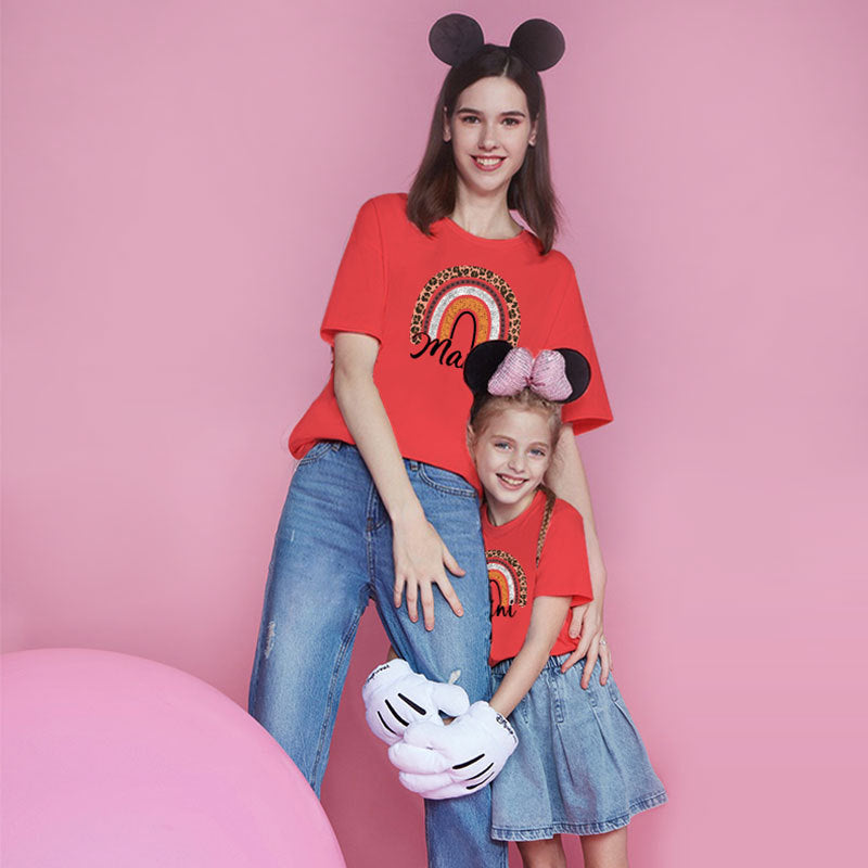 Mom And Daughter Summer Casual Trend New Rainbow Letter Print Short-sleeve