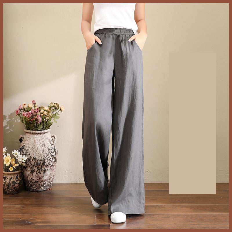 Pure Linen Korean Wide Leg Pants Women Loose Rope