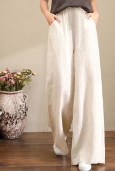 Pure Linen Korean Wide Leg Pants Women Loose Rope