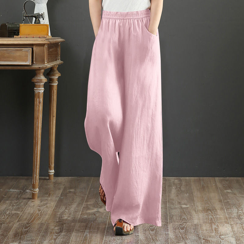 Pure Linen Korean Wide Leg Pants Women Loose Rope