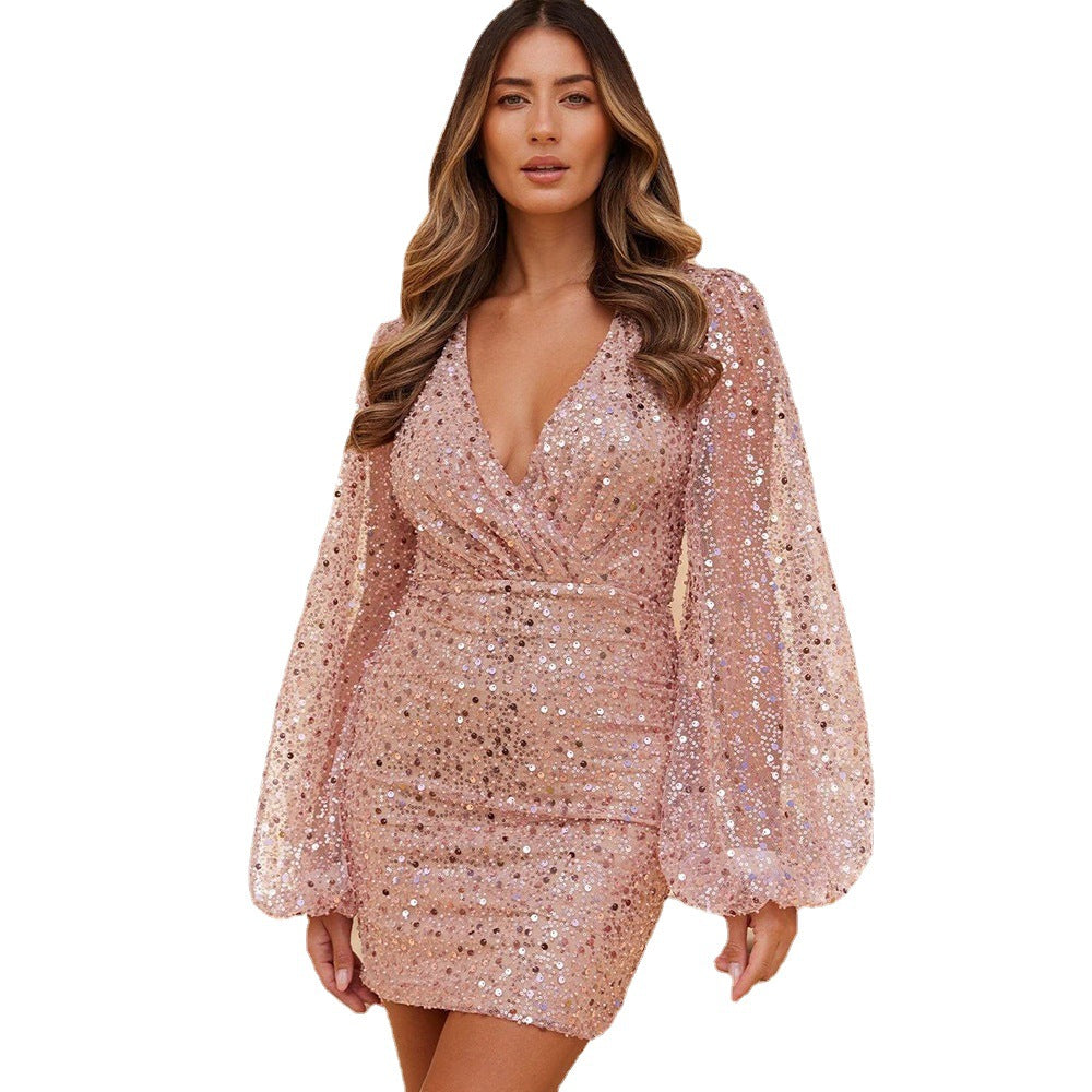 Long Sleeve V-neck Sequins Waist Hip Skirt