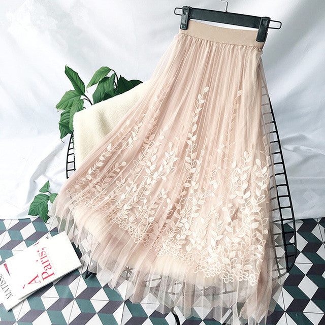 Floral Embroidery A-Line Skirt Lace Mesh Skirt