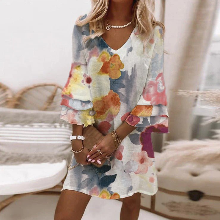 European And American New Printed Women's Clothing Skirts V-neck Flared Sleeves Mini Dress