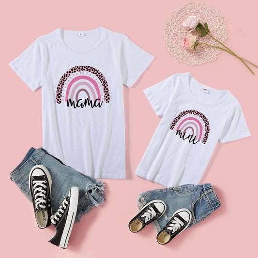 Cartoon Rainbow Mother And Daughter Short Sleeve T-shirt
