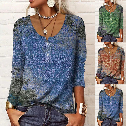 Casual Long-sleeved Geometric Floral U-neck Button T-shirt