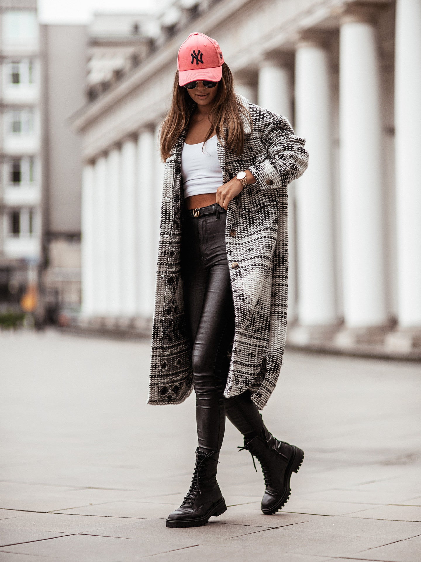 Long-sleeved  Button Printed Woolen Coat Women