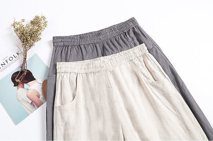 Pure Linen Korean Wide Leg Pants Women Loose Rope